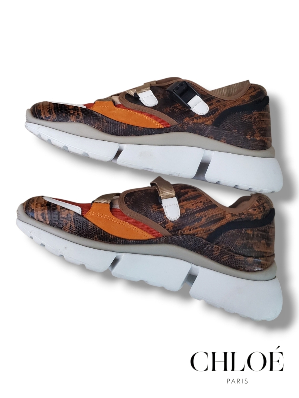 Chloe Sonnie Snake Trainer In Brown Python Leather, Orange Suede & Red Mesh Sz41 - Picture 5 of 13